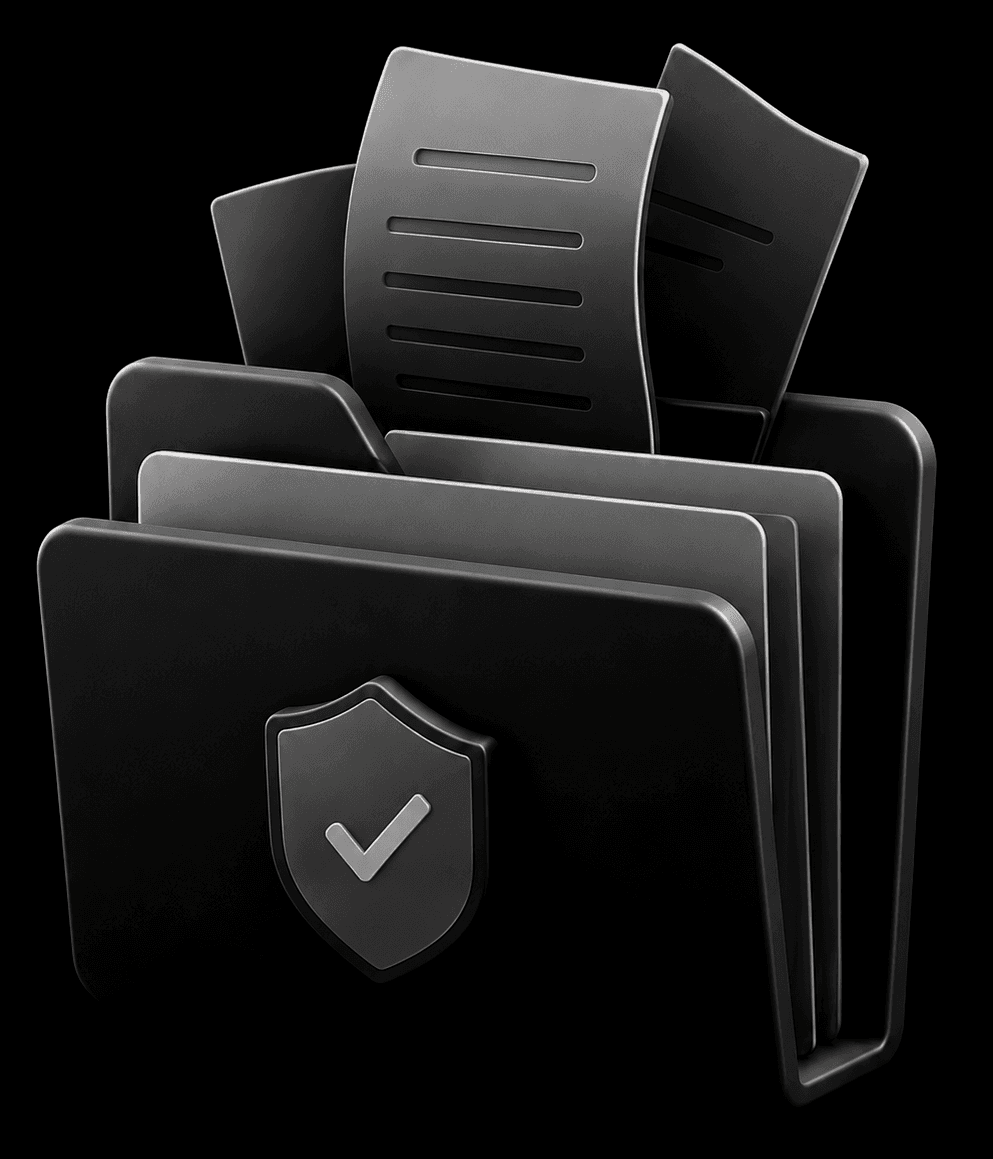 3D folder of documents with a shield and checkmark