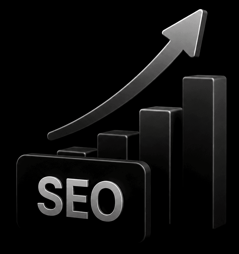 3D chart with rising bars and an upward arrow labeled SEO